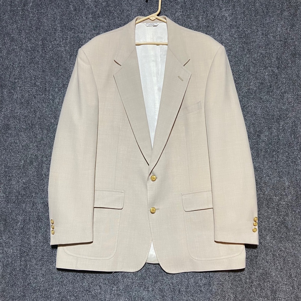 VTG Palm Beach Mens Tan Two Button Blazer Sport Coat Gold Crest Buttons 46L USA‎
